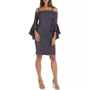 R & M Richards Glitter Bell-Sleeve Sheath Dress, Navy/Silver, 8