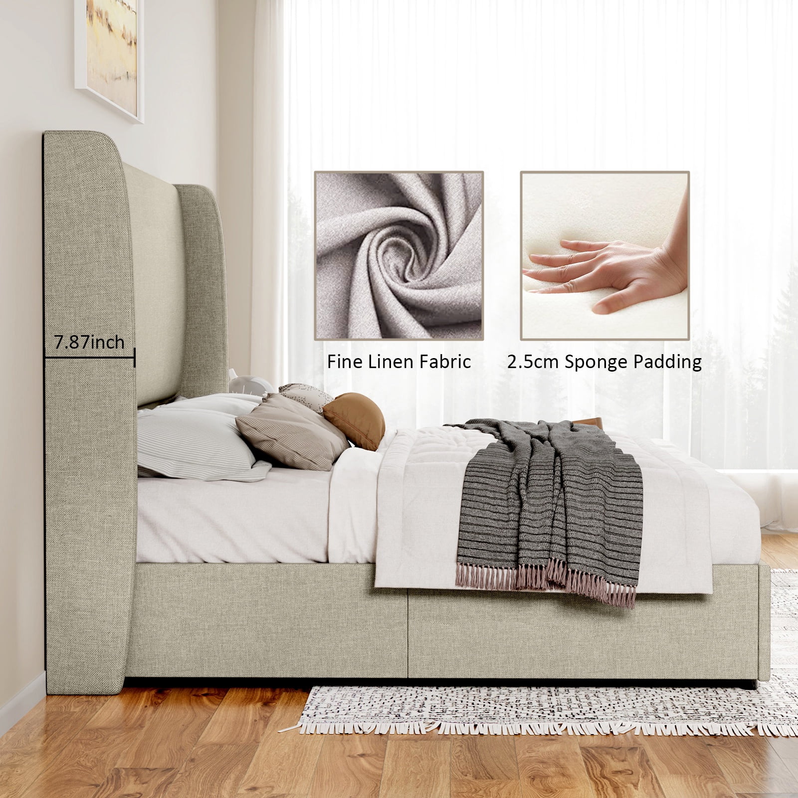Merluxy Queen Bed Frame with Lift Up Storage and Linen Upholstered/Wingback Headboard/Khaki