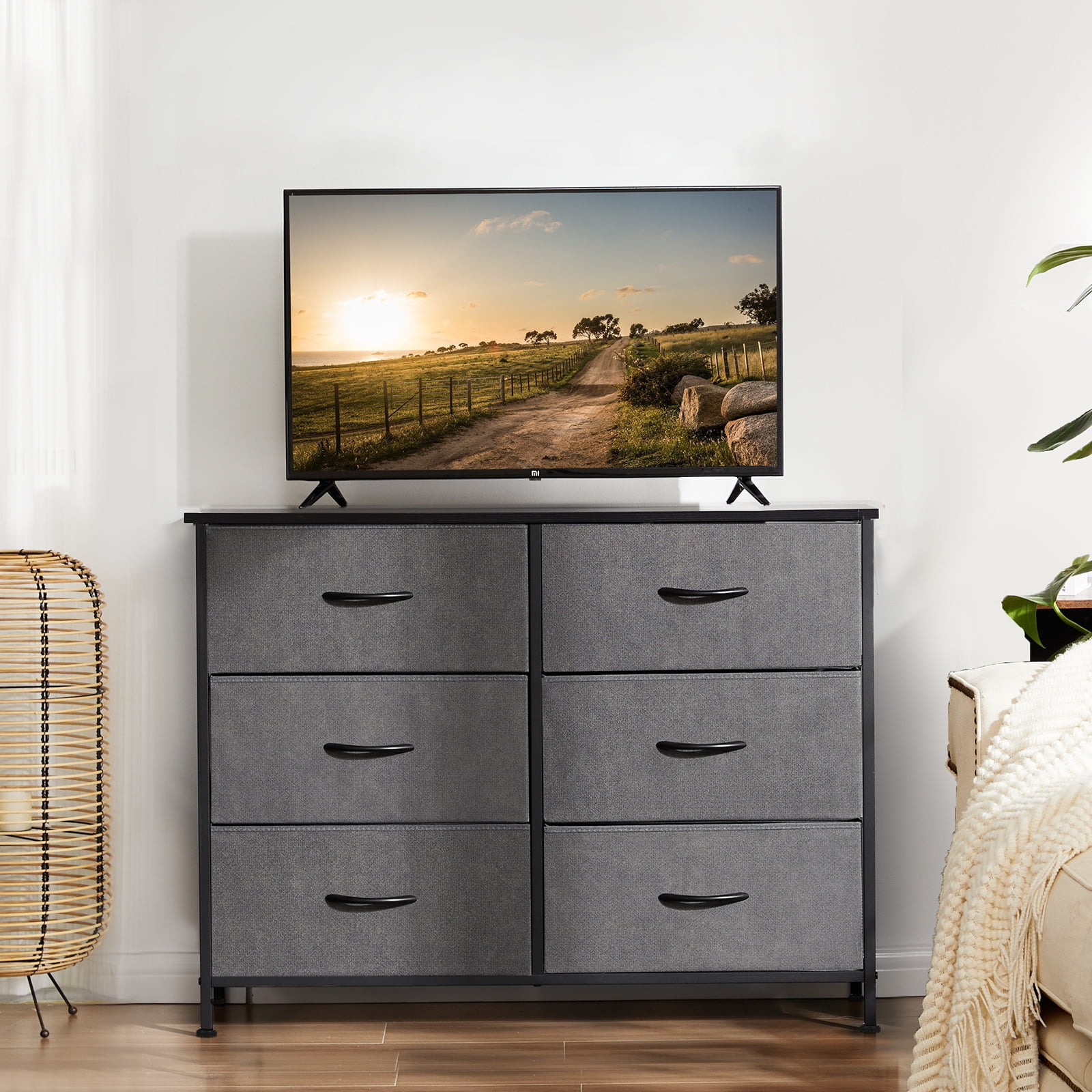 Aukfa 6 Drawer Dresser,Wide Chest of Drawers for Bedroom with Metal Frame for TV,Gray