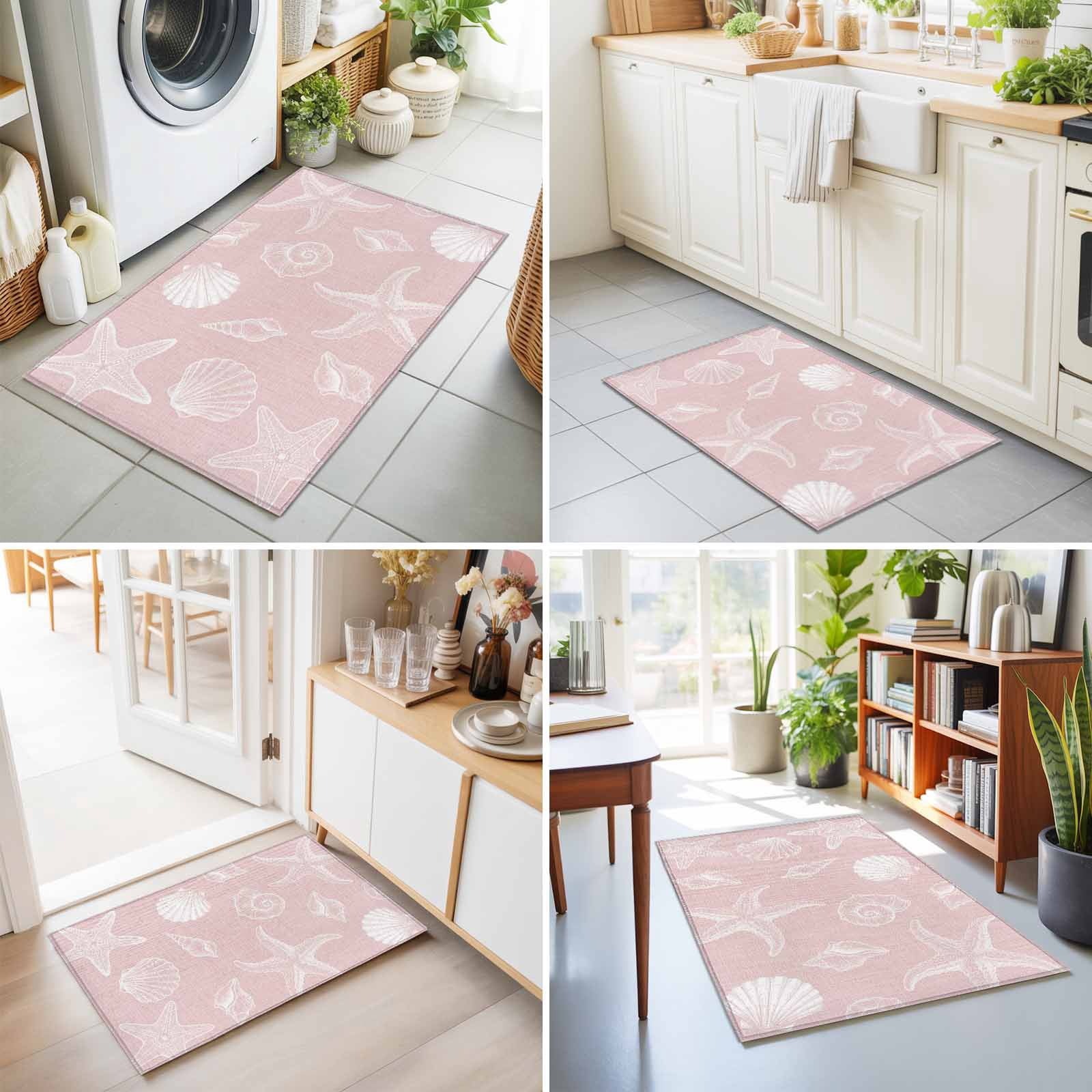 Entryway Rug 2'x3', Marine Life Kitchen Runner Rugs Non-Slip Carpet Mats, Summer Ocean Starfish Conch Seashell Pink Bedside Rugs Runners Washable Floor Carpet for Bathroom Laundry Room