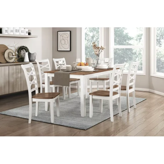 7pc Dining Set Table and 6 Side Chairs Set White and Cherry Finish Casual Country Style Wooden Dining Furniture