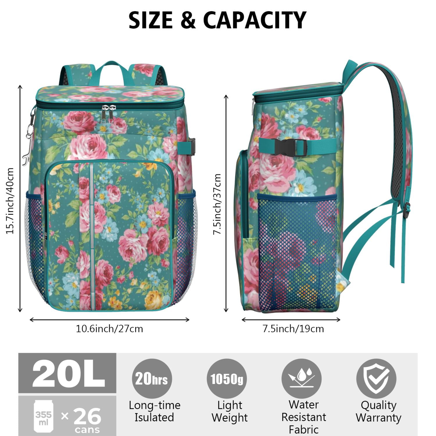 Travel Cooler Bag - Pioneer Flower Floral Print Pattern Camping Beer Cooler Backpack with Bottle Opener- Waterproof Insulated Picnic Backpacks - Cooler Bag for Beach
