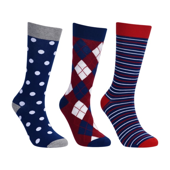 No Cold Feet Fun Colorful Novelty Dress Socks for Men, 3 Pairs of Blue and Red Socks, Men's Size 8-13, Crew Socks