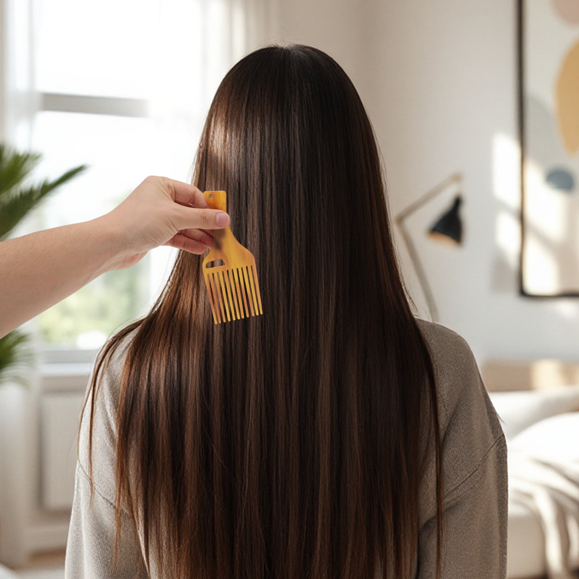 Unique Bargains 1 Pc Long Handle Hair Insert Comb for All Hair Types Styles Coffee Color