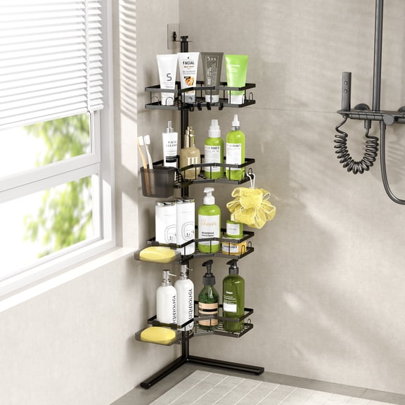 TINANA 4 Tier Corner Shower Caddy, Stainless Steel Bathroom Organizer with Hooks, Toothbrush Holder, No-Drill Adjustable Freestanding Shower Shelf