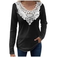 thumbnail image 2 of AXXD Womens Tops Black Basic Summer 2024 Lace Solid Color Pullover V-Neck Long Sleeve T-Shirt Top, 2 of 6