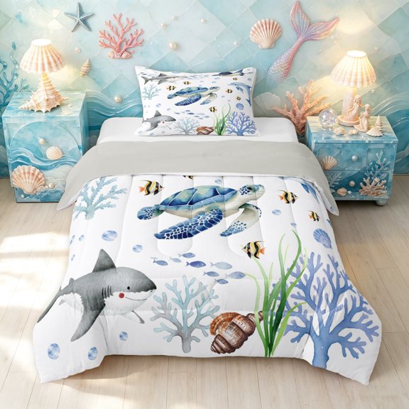 Manfei Cute Sea Turtle Twin Comforter Sets, Watercolor Ocean Shark Bedding Set, Blue Gray, Gray Reversible, 2-Piece, 1 Comforter and 1 Pillowcase