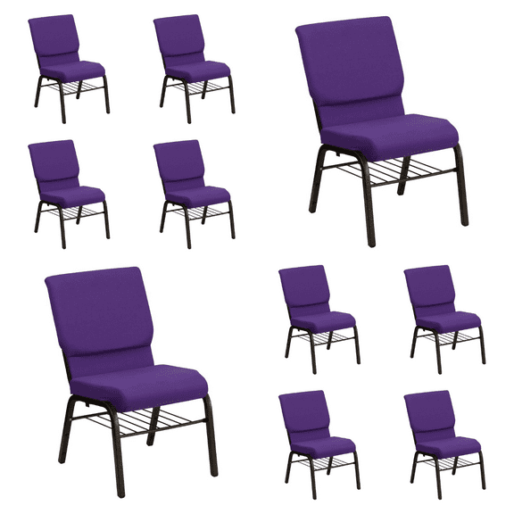 (10 PACK) 18.5'' Wide Purple Fabric Church Chair with Book Rack and Gold Vein Frame - Multipurpose Stackable Office Side Chair