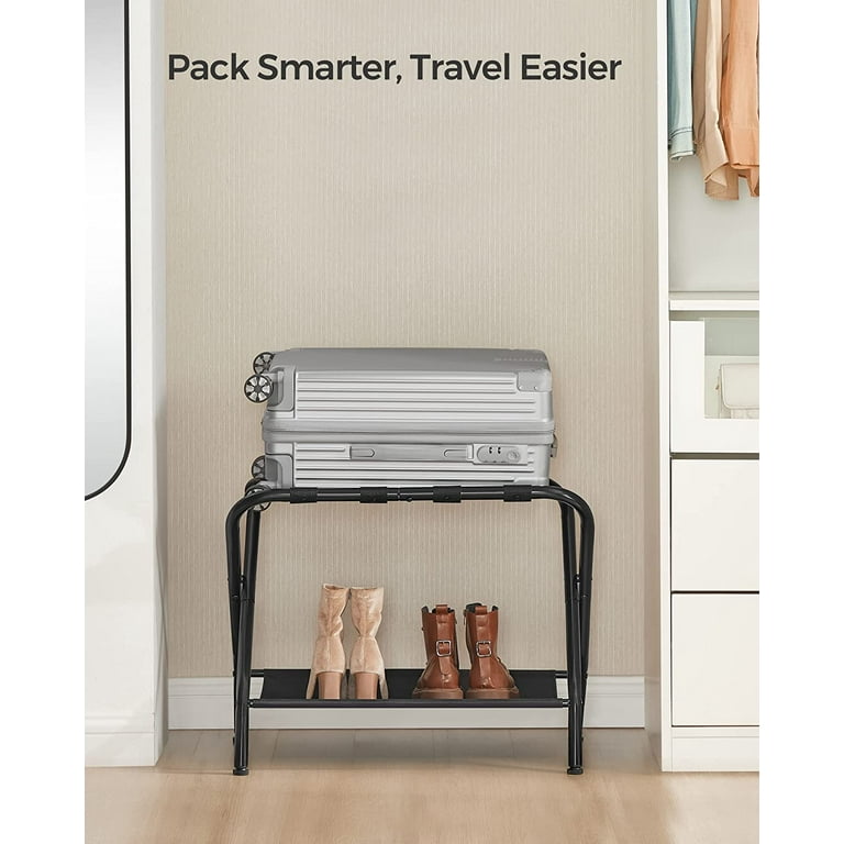 SONGMICS Luggage Racks Set of 2 Suitcase Stand with Fabric Storage Shelf for Guest Room Bedroom Hotel Foldable Holds up to 110 lb Black