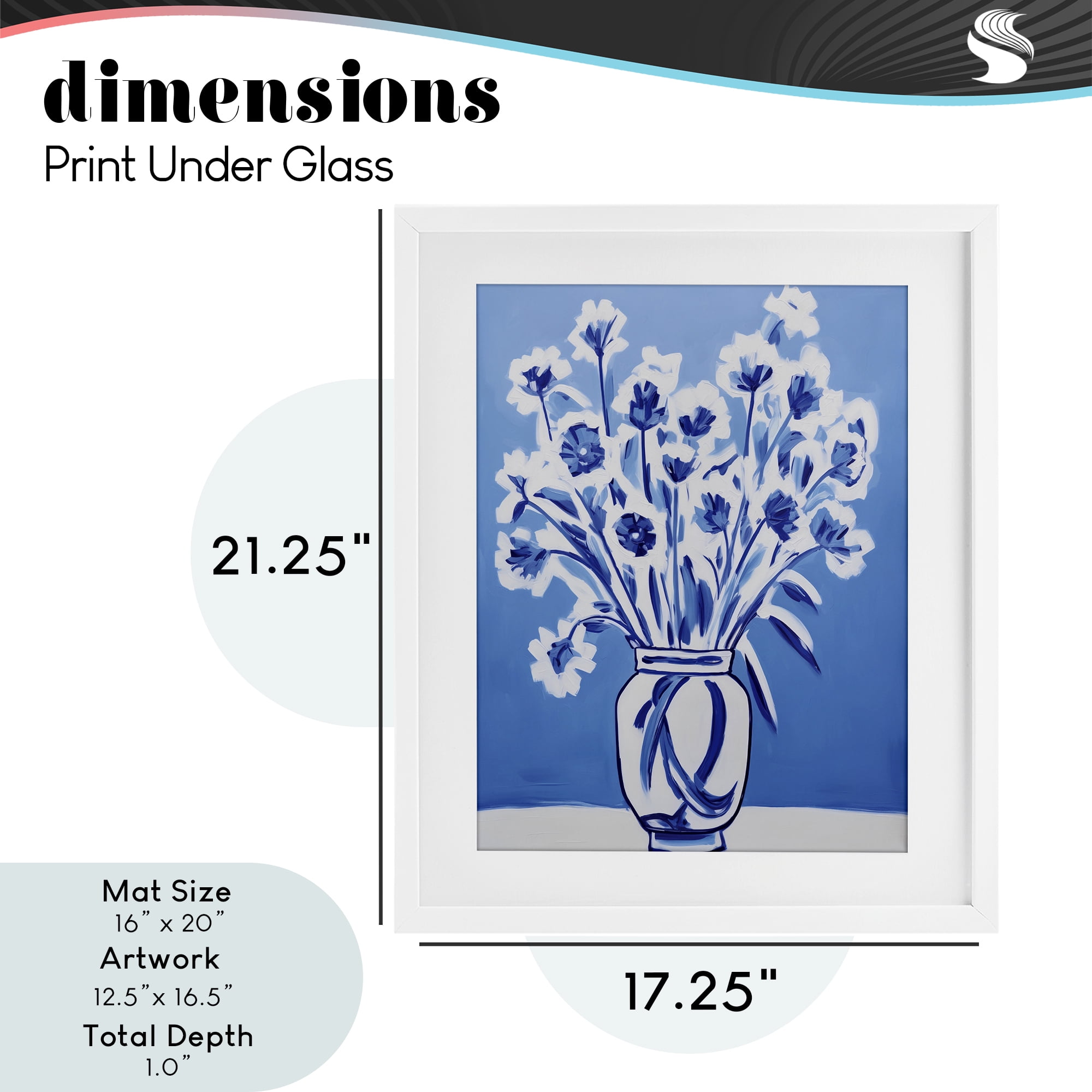 Blue & White Contrast Flowers White Framed Print Under Glass, design by Lettered and Lined