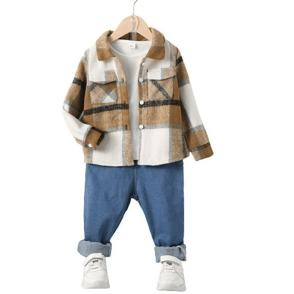 Mikrdoo Little Boys Outfits Plaid 6 Years Boys Buttons Pocket Coat 7 Years Boys Demin Pants 2Pcs Clothes Set Kakhi