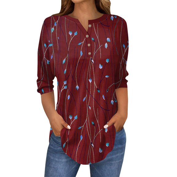Xyxonk Women's Tops 3/4 Sleeve Fashion Floral Printed Shirt Loose Button Down Tunic Top Fall Three Quarter Length Sleeve T Shirt Clothing Ladies Tops and Blouses,Wine S