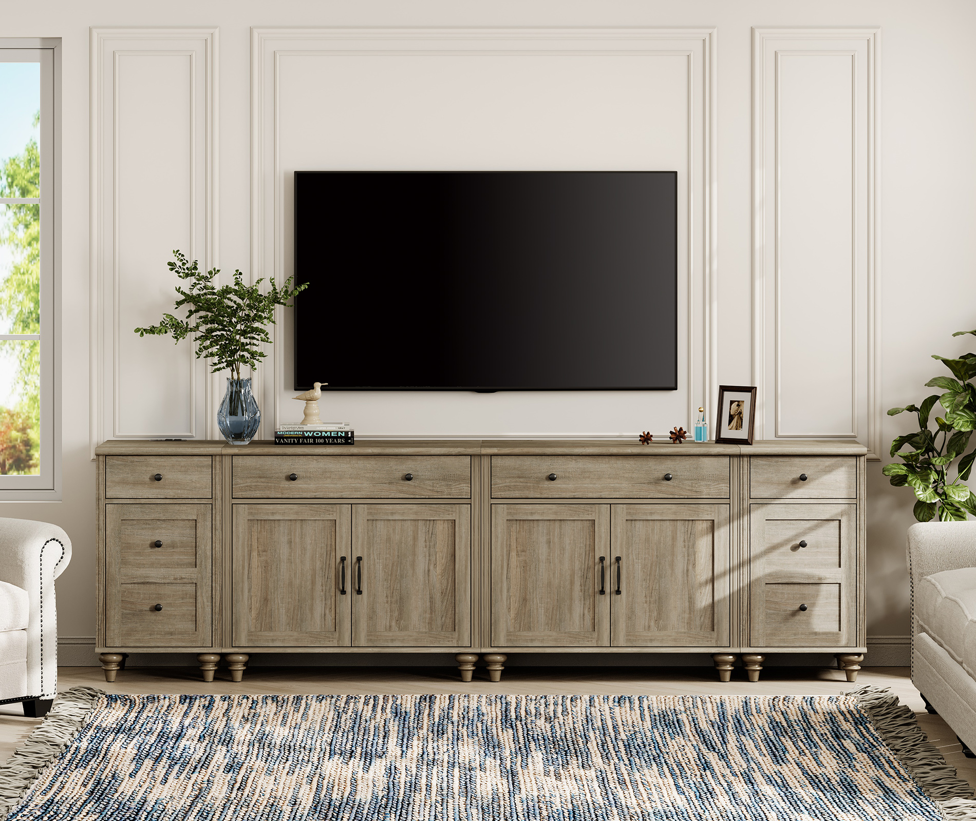 WAMPAT TV Stand for 100 Inch TV, 4-in-1 TV Console Table for 75/80/85/90 Inch TV, Farmhouse Entertainment Center with Charging Station, Kitchen Sideboard Buffet Cabinet for Dining Room, Wash Grey