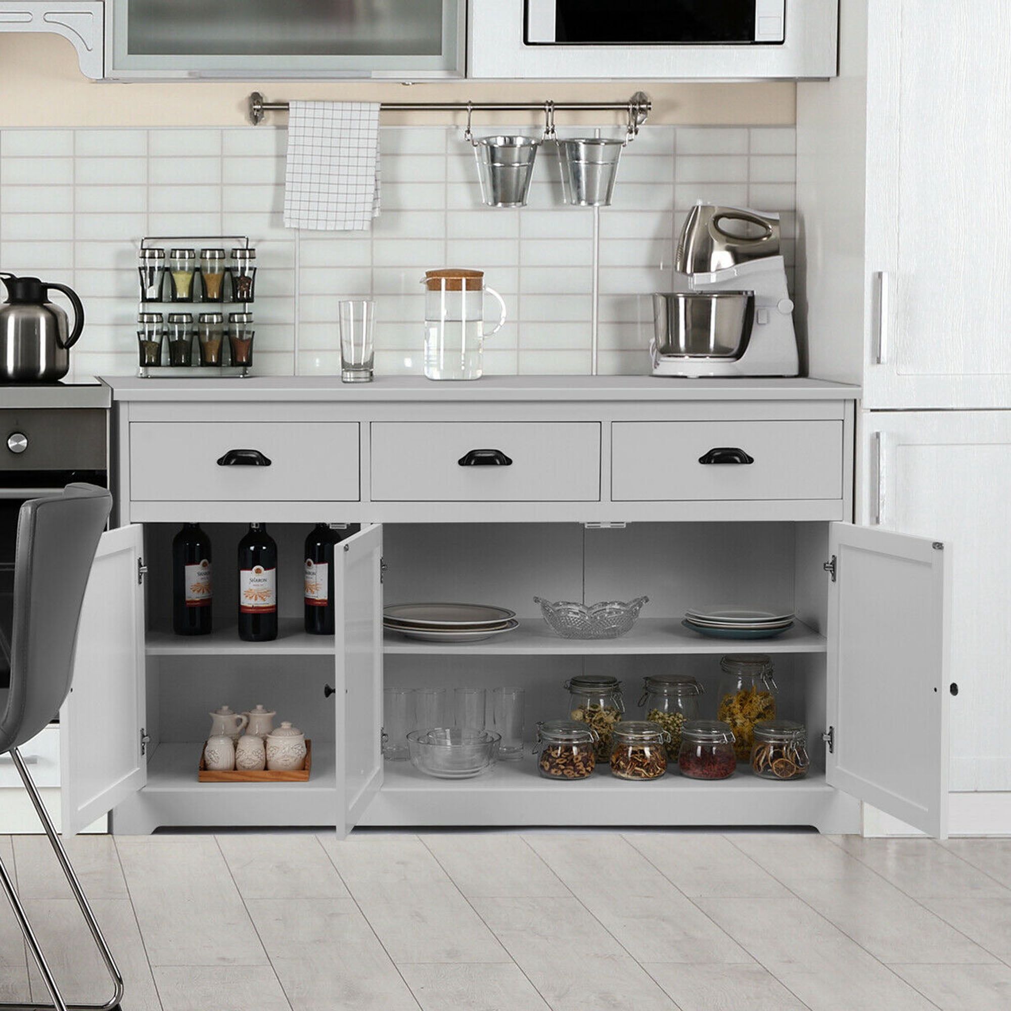 Gymax 3 Drawers Buffet Cabinet Sideboard Console Table Kitchen Storage Cupboard Gray
