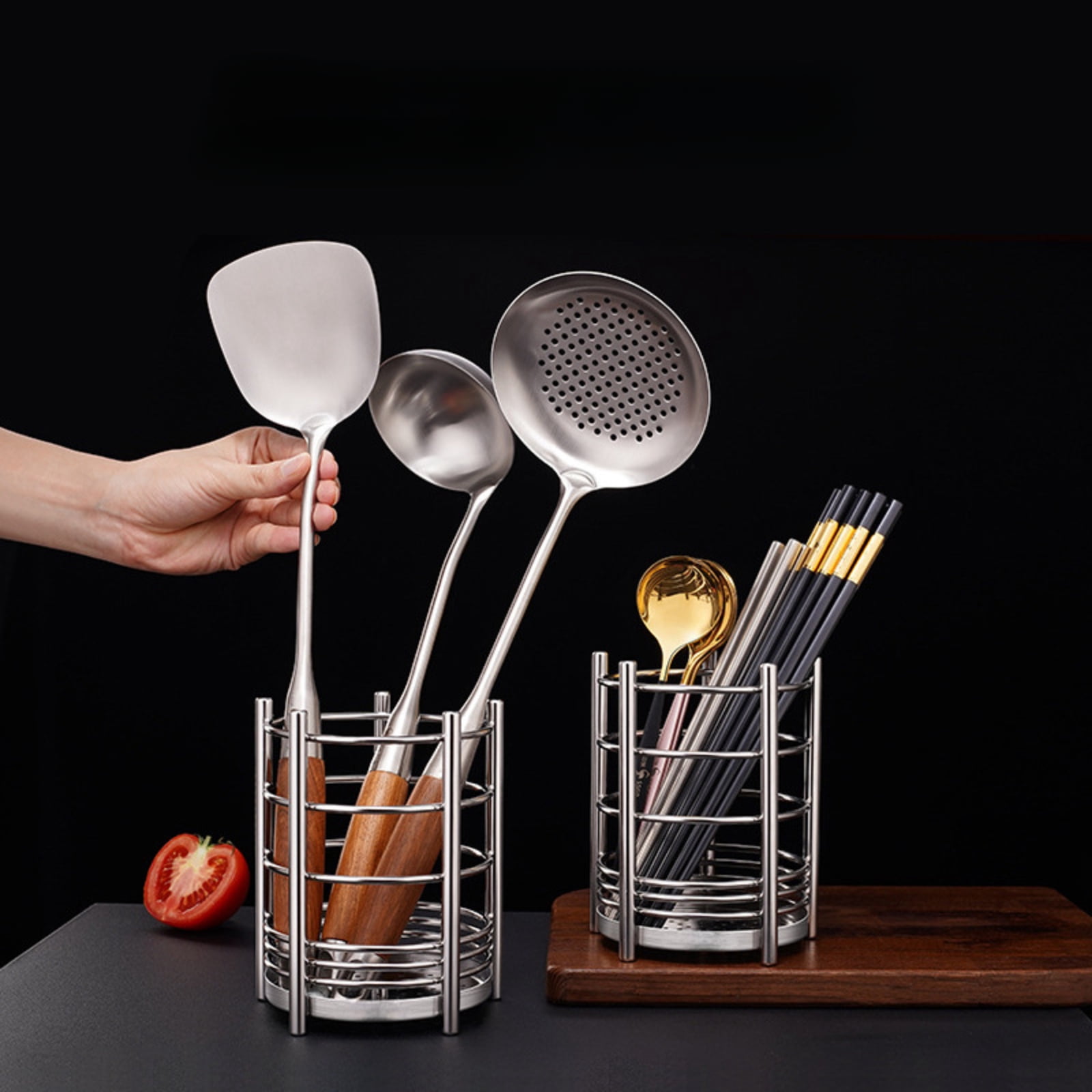 Just Houseware Gold Stainless Steel Utensil Holder, Cooking Utensil Organizer with Drain Holes, Extra Large Kitchen Utensil Holders for Countertop