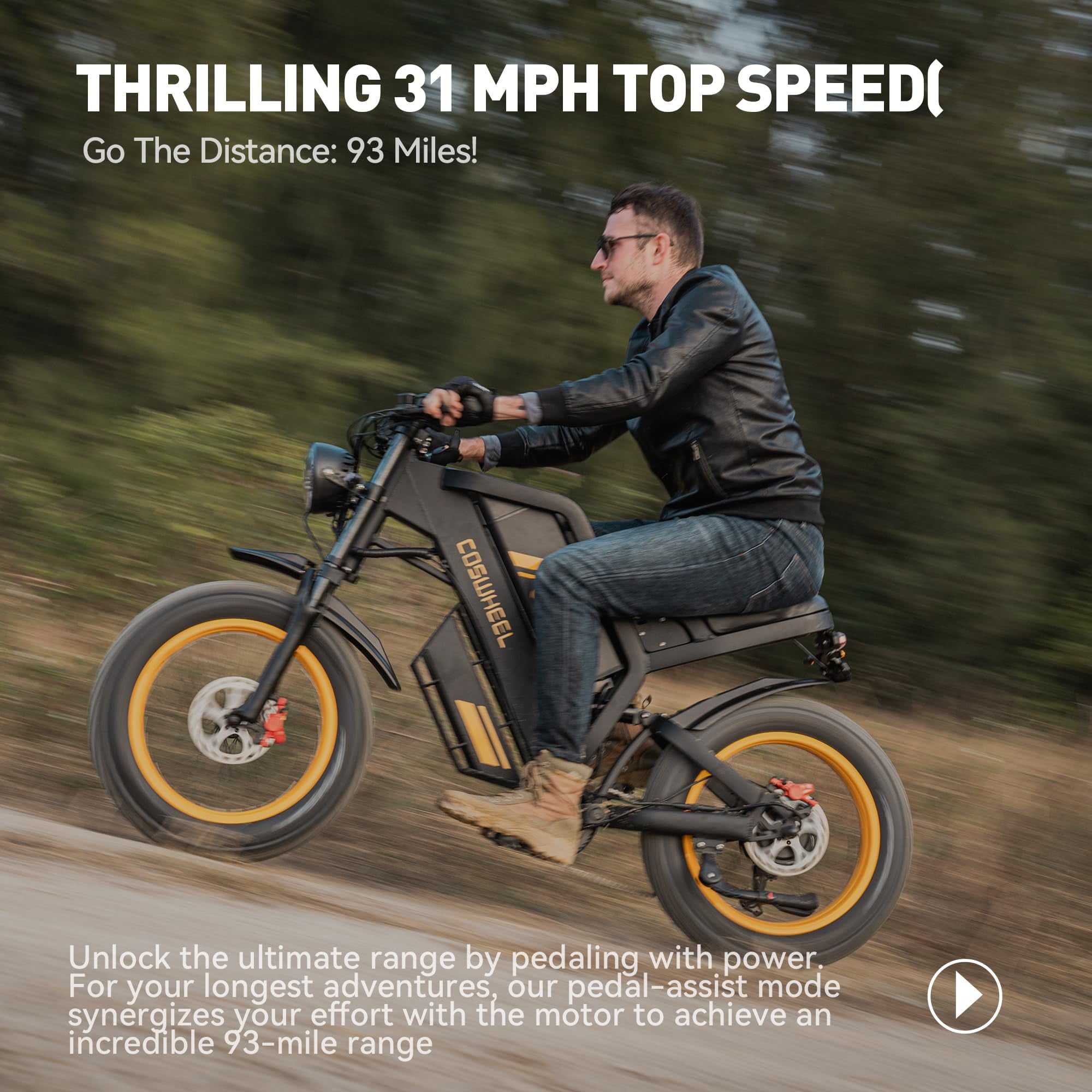 COSWHEEL GT20 1500W(Peak) Electric Bike for Adults, 48V Removable Battery Max Range 28MPH & 87 Miles Electric Motorcycle,All Terrain Fat Tires Electric Dirt Bike UL2849
