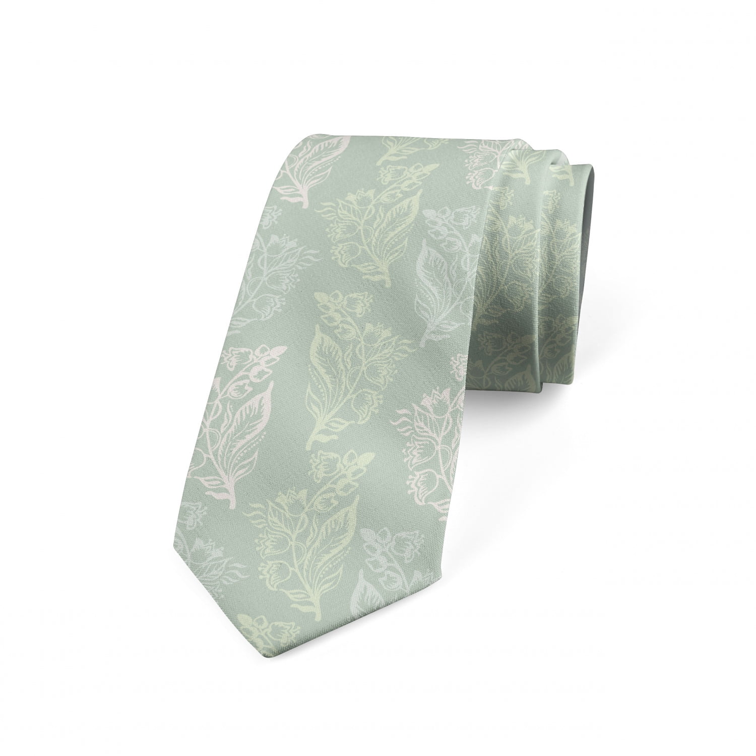 Botanical Necktie, Continuous Flowers Motif, Dress Tie, 3.7', Pale Sage Green White, by Ambesonne