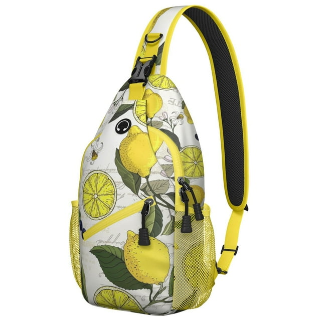 Bright Yellow Lemon Pattern Travel Sling Backpack, Lightweight Crossbody Bag with Modern Floral Design, Perfect for Summer and Outdoor Activities
