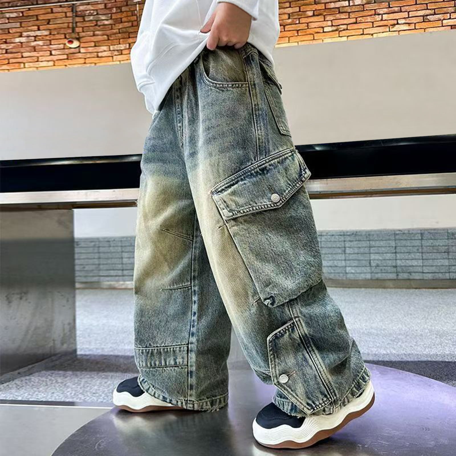 KAUOD Boys Y2k Hip Hop Baggy Jeans Wide Leg Elastic Waist Denim