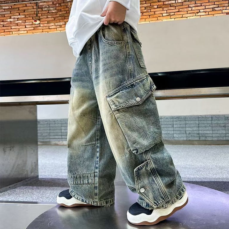 Rolanko Baggy jeans voor jongens met elastische taille, cargo-bootcut, skaterjeans met meerdere zakken, vintage denim broek, streetwear voor kinderen, Grijs, 10-11 Jaar
