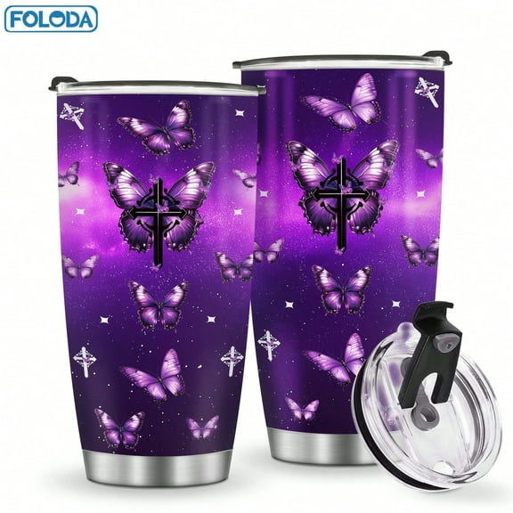 Foloda 1pc Butterfly Tumbler Birthday Gift Purple Butterfly Mug Butterfly Cross Butterfly Cup 20oz Stainless Steel Tumbler with Lid Butterfly Cup Gift for Women Girl Daughter Sister Mom Gift