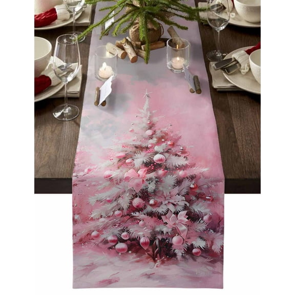 Christmas Table Runner Xmas Tree Bows Table Runners Snow Pink Balls Cotton Linen Dresser Scarf Kitchen Dining Table Decor for Christmas Holiday Party Decor 13x72 Inch