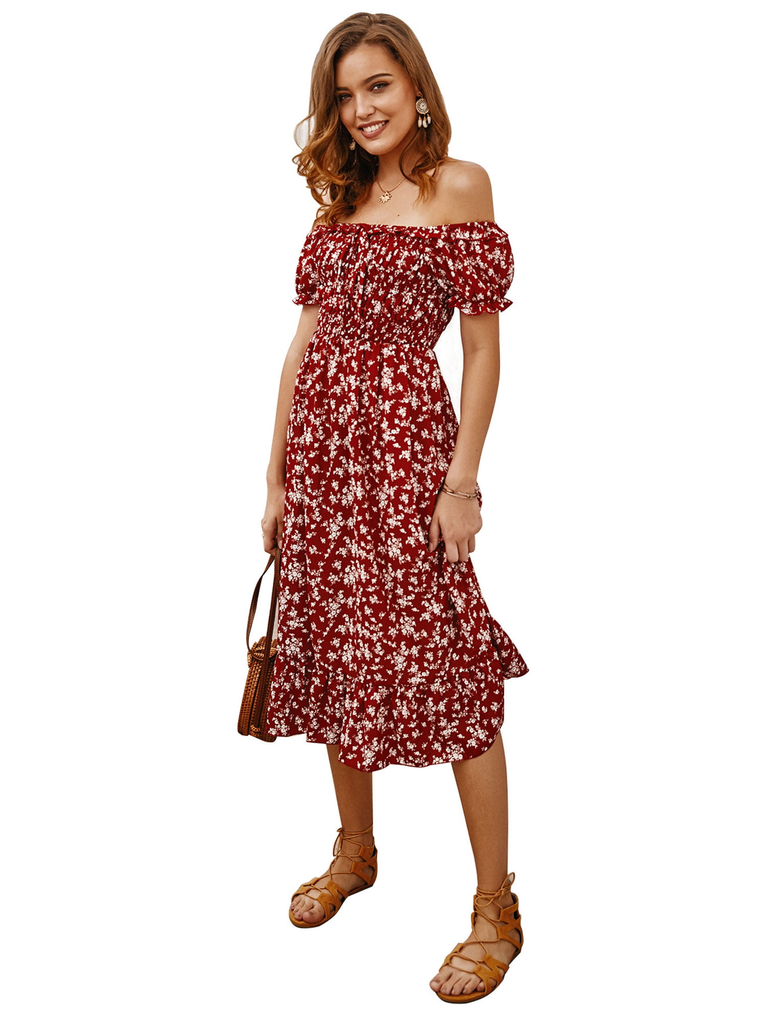 Womens Summer Strap Ruffle Cold Shoulder Split Wrap Maxi Dress 