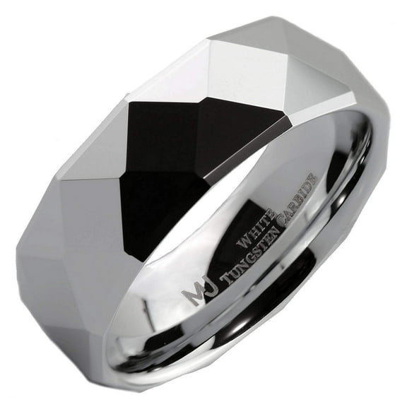 White Tungsten Carbide Wedding Band Multi Faceted Mirror Polished 8mm Ring
