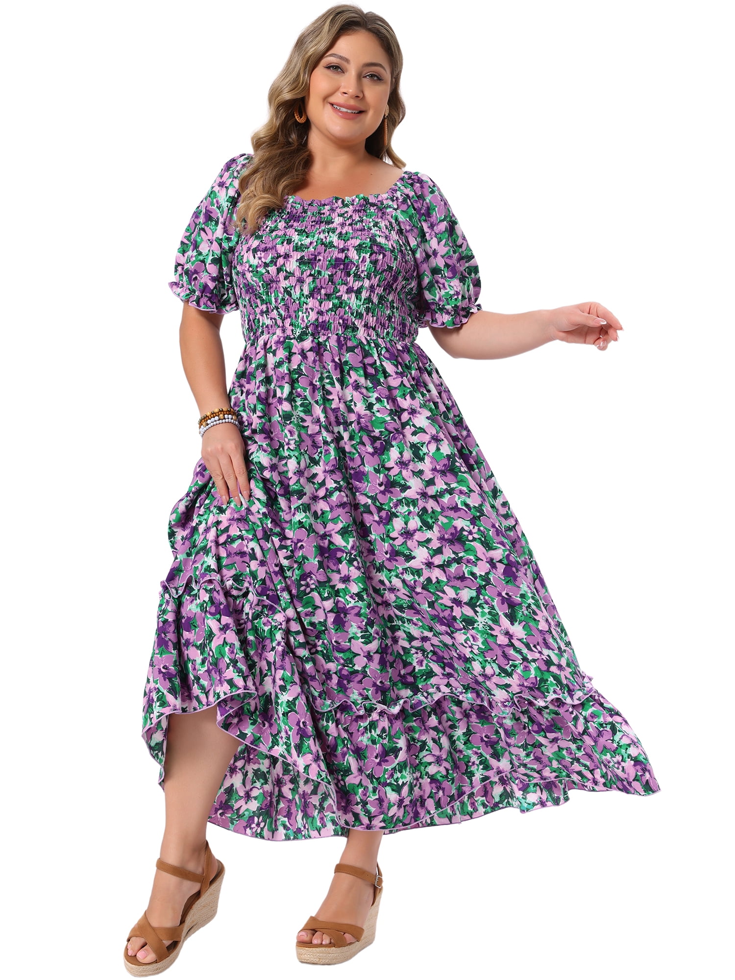 DARING DIVA Women's Plus Size Short Sleeve Square Neck Maxi Floral Dress 4X Purple