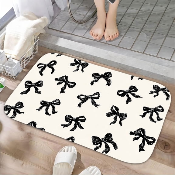 1pc Black Ribbon Bows Pattern Absorbent Non-Slip Bathroom Thickened Flannel Rug Decor,Soft,Quick Drying,Suitable For Indoor/outdoor Use,Bathrooms,Bedrooms,Kitchens,Terrace,Laundry Rooms,16"x24"
