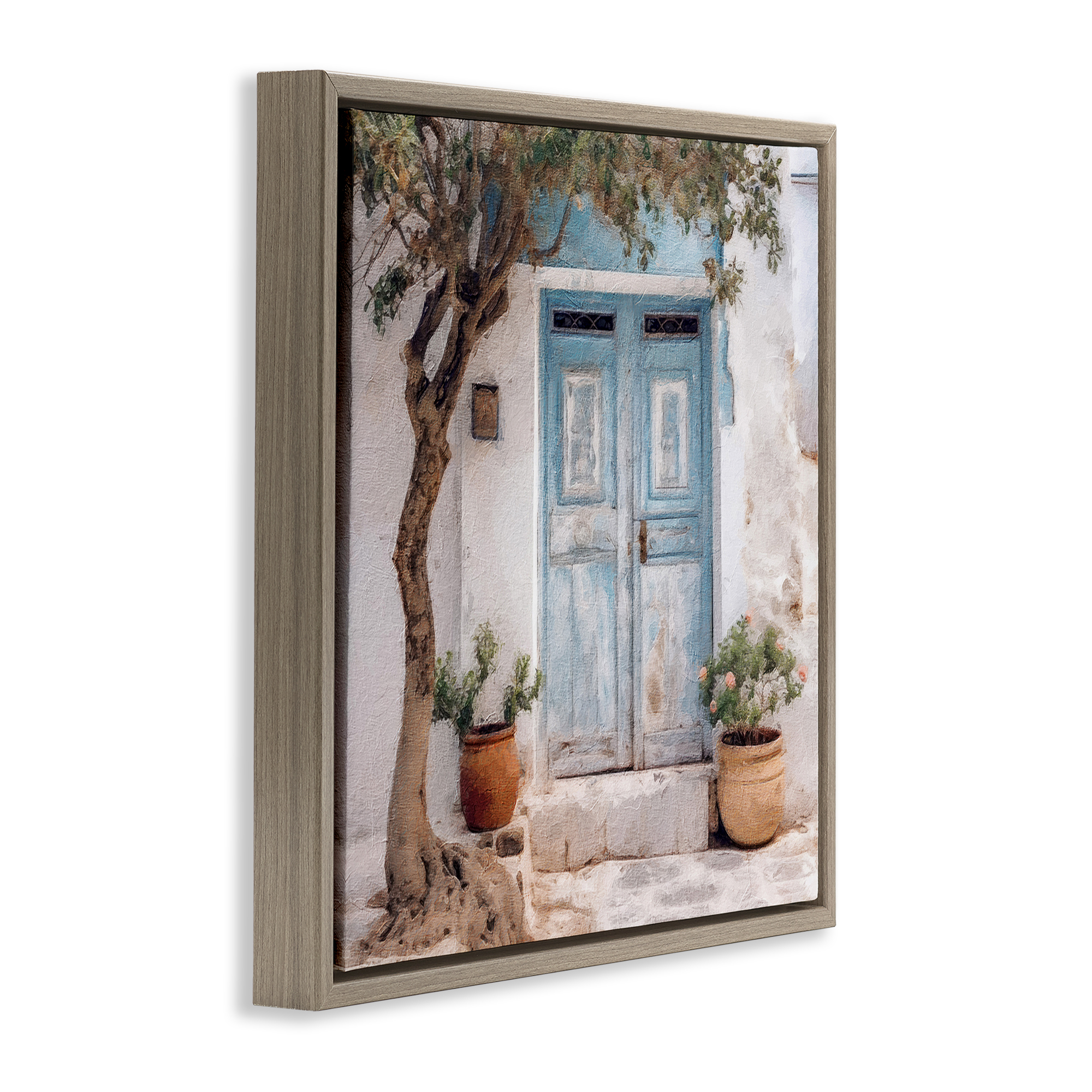 Stupell Industries Tree & Blue Doorway Town & City Painting Brown Floater Framed Canvas Art Print Wall Art, 25 x 25