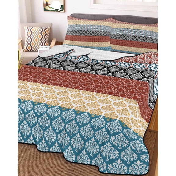 Boho Orange Twin Size Down Alternative Comforter, Lightweight Comforter Quilt Bedding Set with Pillow Shams Yellow Geometric Stripes Turquoise Bohemia All Seasons Bed Comforter Duvet Insert 68"x86"