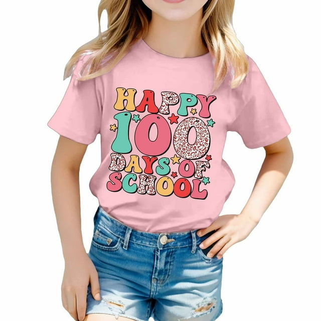 GDREDA Vêtements Fille T-Shirt Imprimé Col Rond Manches Courtes pour Garçons et Filles Hauts d'Été Mignons pour Fille Rose, 8-9 Ans