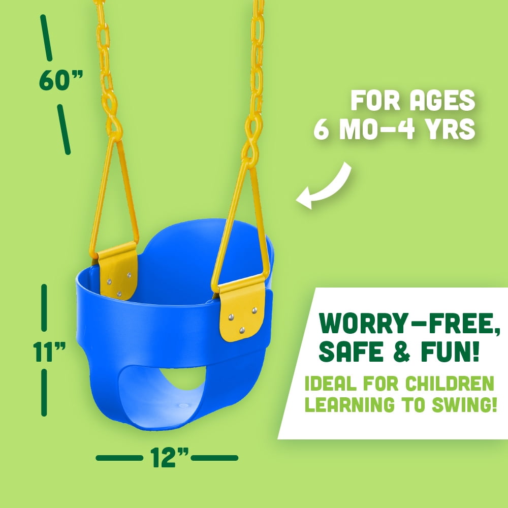 Deluxe High Back Full Bucket Toddler Swing with Exclusive Chain & Triangle Dip Pinch Protection and Carabiners for Easy Install&nbsp;- Blue - Squirrel Products