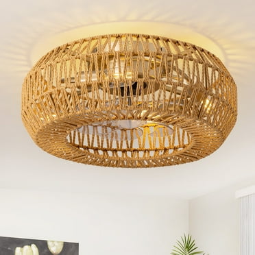 HOOMEDELIER 20" Indoor Gold 4-Light Boho Rattan Caged Ceiling Fan with Light and Remote , Low Profile Flush Mount Ceiling Fan