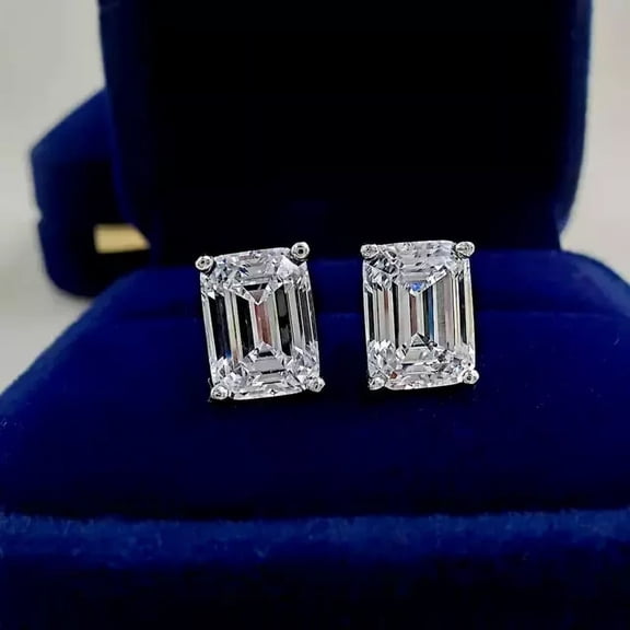 Moissanite Emerald Cut Solitaire Stud Earrings 2 Carat Total Weight 14K White Gold Plated