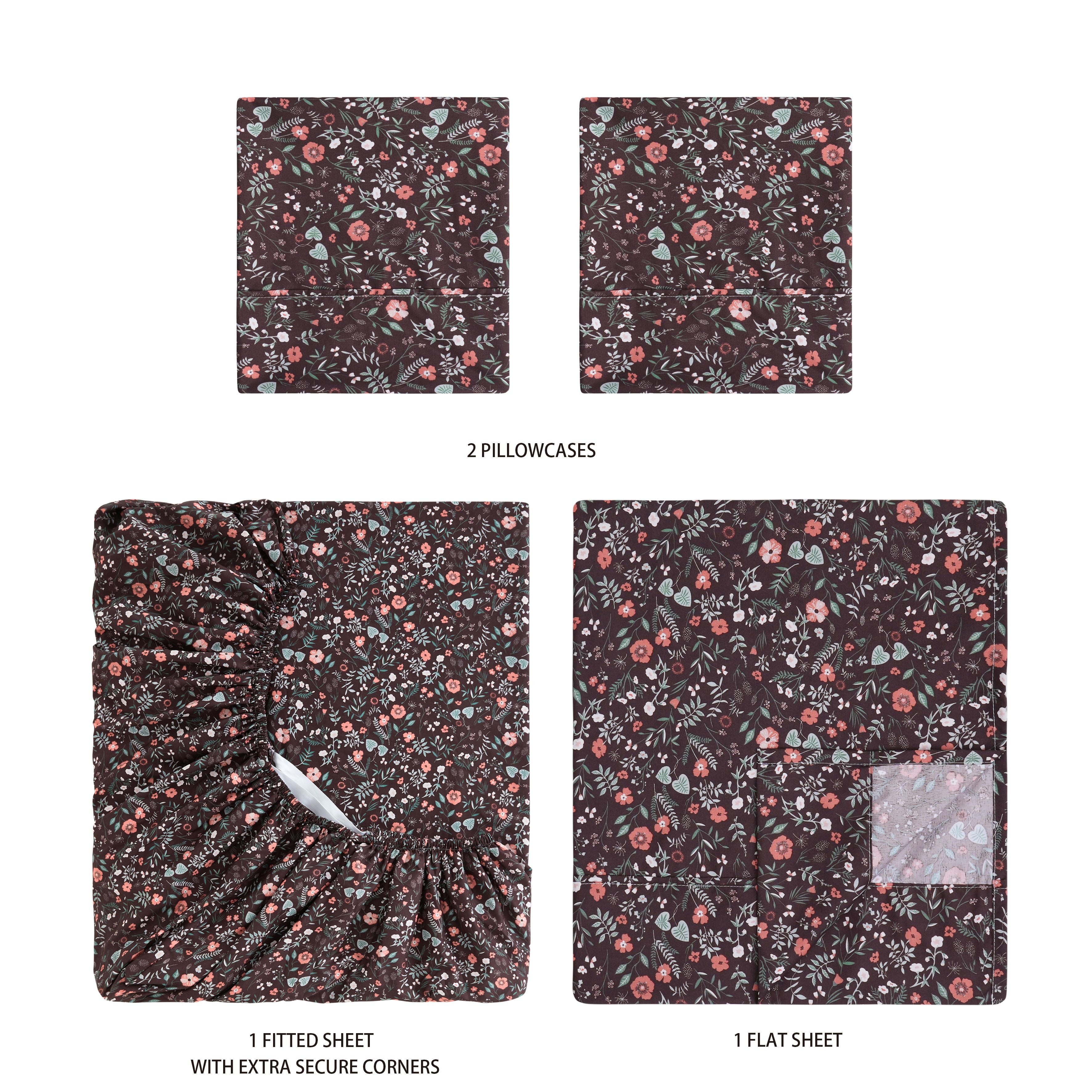 Mainstays Super Soft Brushed Microfiber Bed Sheet Set, Dark Brown Floral, King, 4 Piece