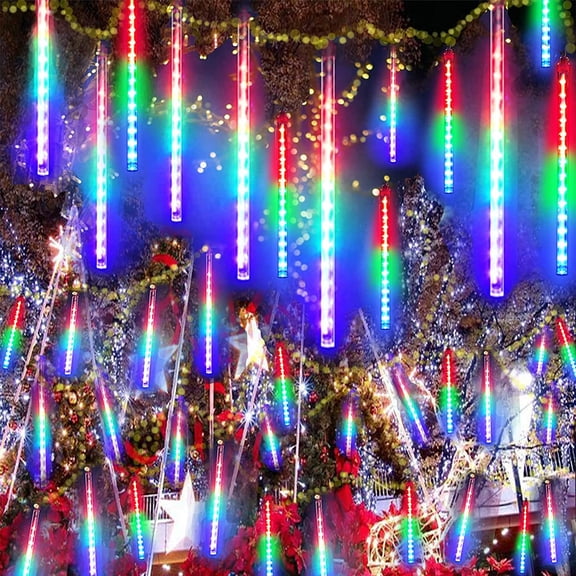 Morttic Christmas Outdoor String Lights, 8 Tube 192 LEDs 11.8 inch Meteor Shower Rain Plug in Waterproof Waterfall Raindrop Light for Holiday Party Wedding Tree Valentine Day Decoration, Multicolor