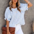 thumbnail image 2 of Camisa de manga abullonada, cuello redondo, estampado floral, blusa de cuello redondo, Top de trabajo para mujer, 2 of 6