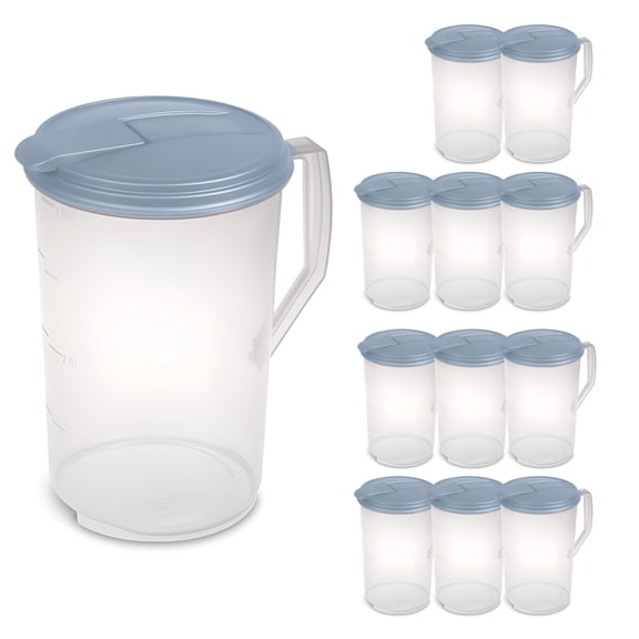 Sterilite 12 Pack 1 Gal Round Pitcher, Flip Lid Drink Dispenser Jug, Washed Blue