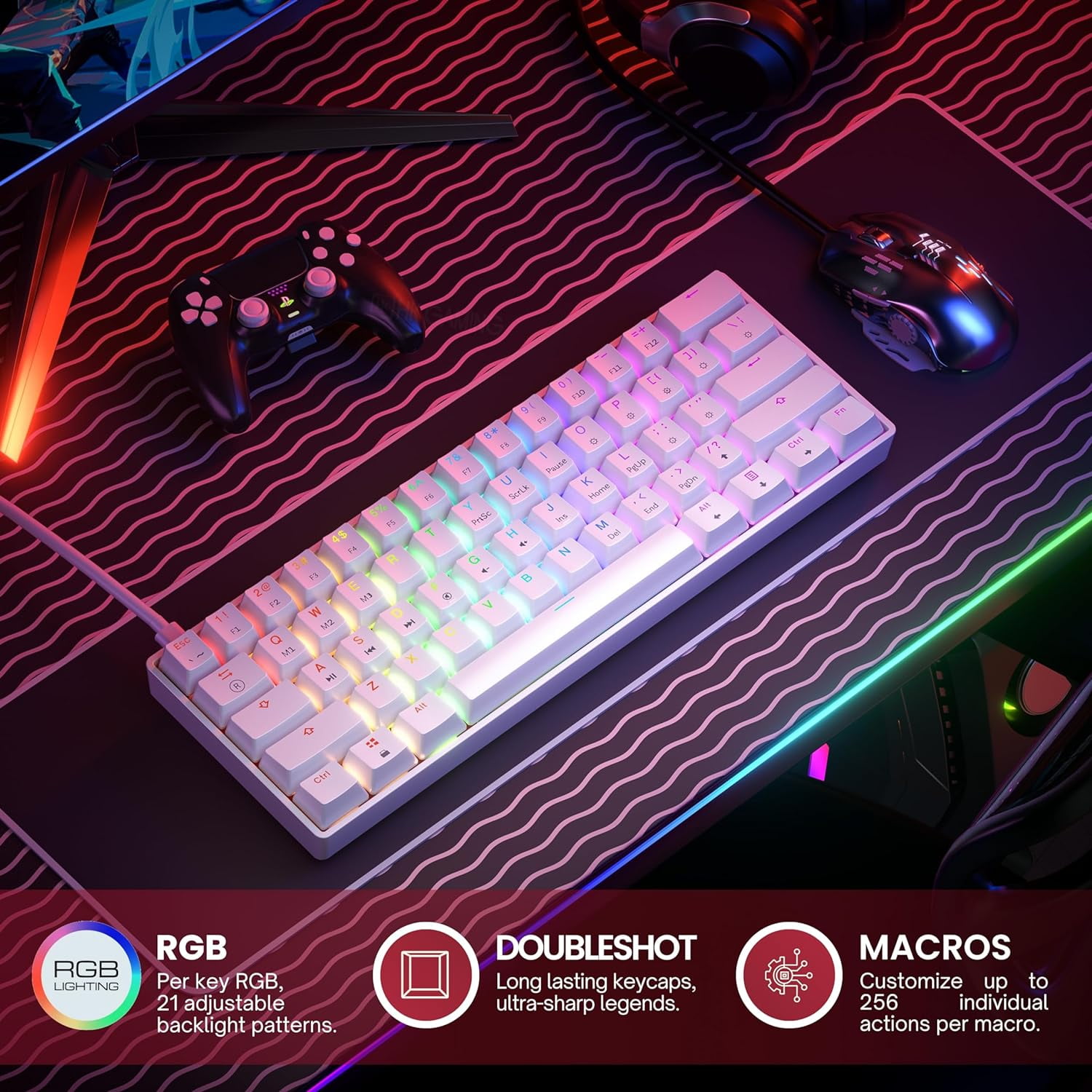 HK GAMING GK61 60% | Hot Swappable Mechanical Gaming Keyboard | 61 Keys Multi Color RGB LED Backlit for PC / Mac Gamer | ANSI US American Layout ( White , Mechanical Red )