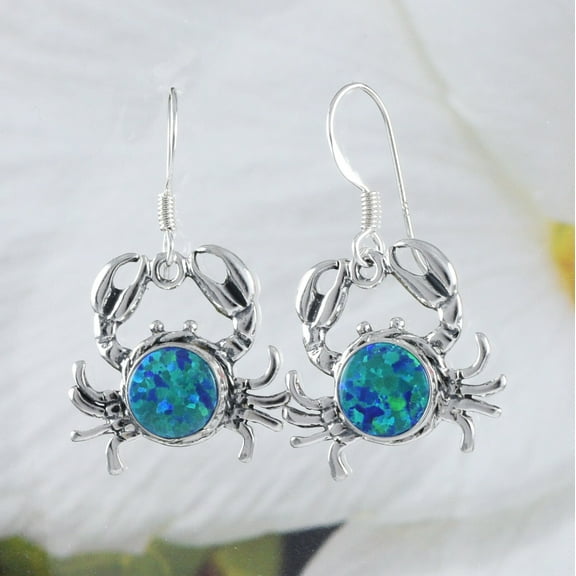 Unique Beautiful Hawaiian Blue Opal Crab Earring, Sterling Silver Opal Crab Dangle Earring, E9059 Birthday Valentine Mom Gift