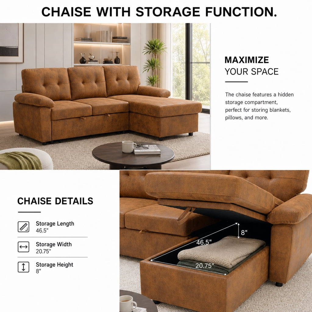BSHTI 88.5" Polyester Fabric L-Shaped Sectional Sleeper Sofa Bed with Pull-Out Bed, Storage Chaise for Living Room( Light Brown)