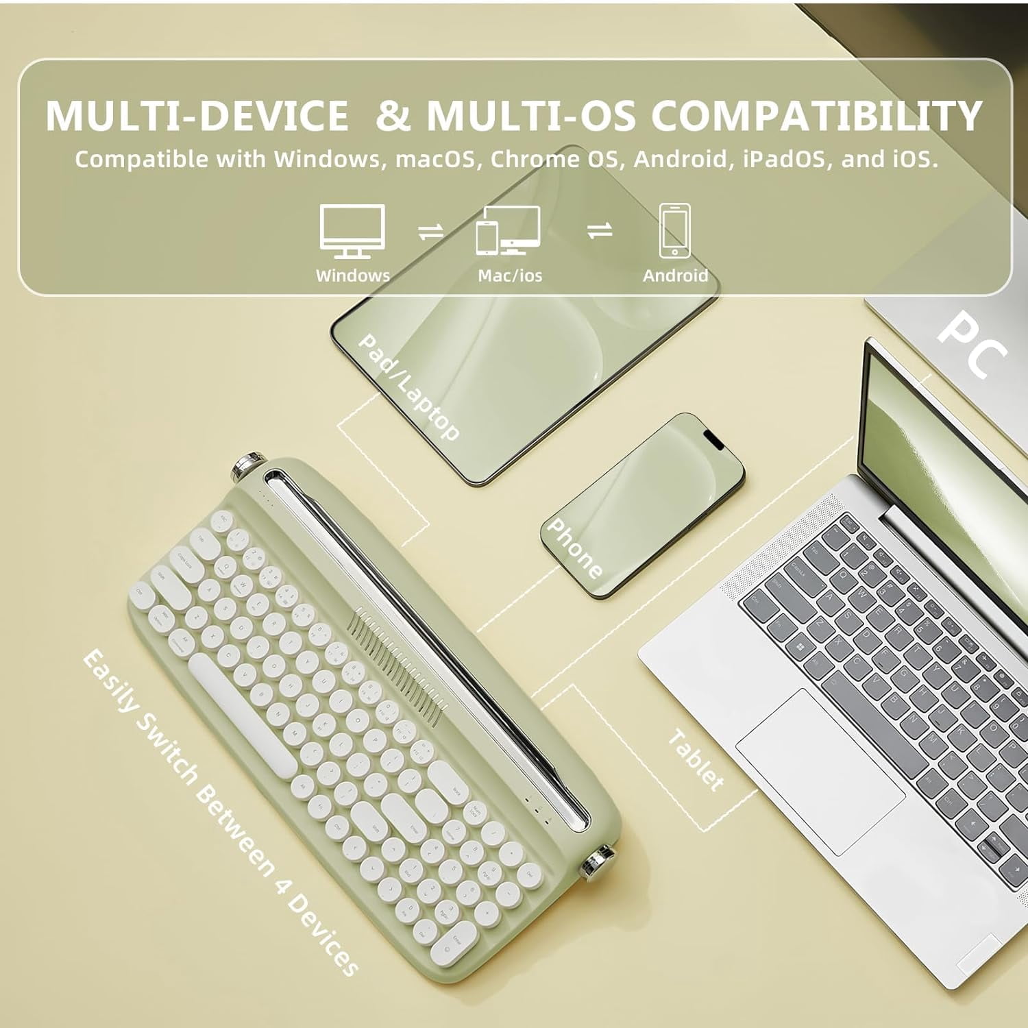 YUNZII Retro Wireless Typewriter Keyboard with Stand, USB-C/Bluetooth, Cute Round Keycaps,Stand for Table, Phone, PC and Win/Mac/Android,Green