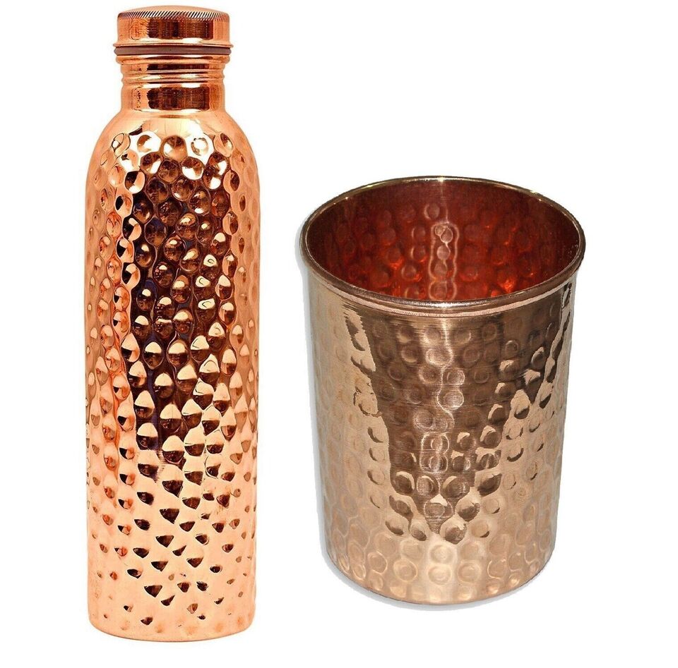 100% Pure Copper Water Bottle with Tumbler & Lid Handmade For Health Benefits (950ml, 300ml)