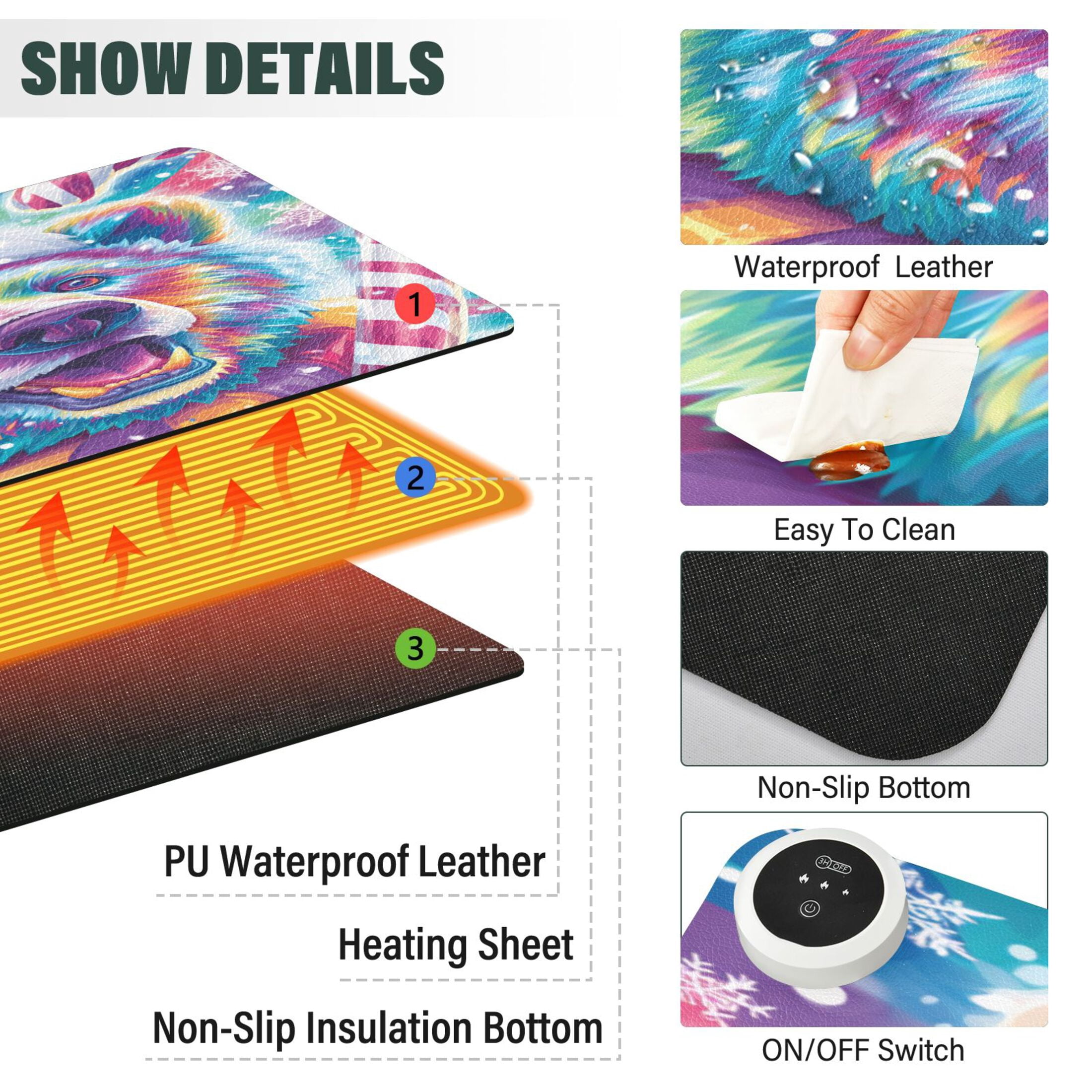 Large Heated Desk Mat Mouse Pad 31.5"x13"PU Leather Graphene Heating Desk Warmer with 3 Temperature Settings 110V US Plug Non-Slip Warm Pad for Home, Office, and Gaming Cute Smiling Polar Bear