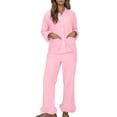 thumbnail image 2 of XWSHYW Womens Pajama Set Fashion Solid Color Comfortable Pajama Sets with Pants Summer Crew Neck Long Sleeve Sleepwear, 2 of 7