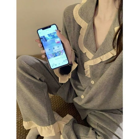 

Plaid Casual Pajama Sets Women Single Breasted Ins Japan Turn-down Collar Nightwear Spring Fall Elastic Waist Homewear New Mujer