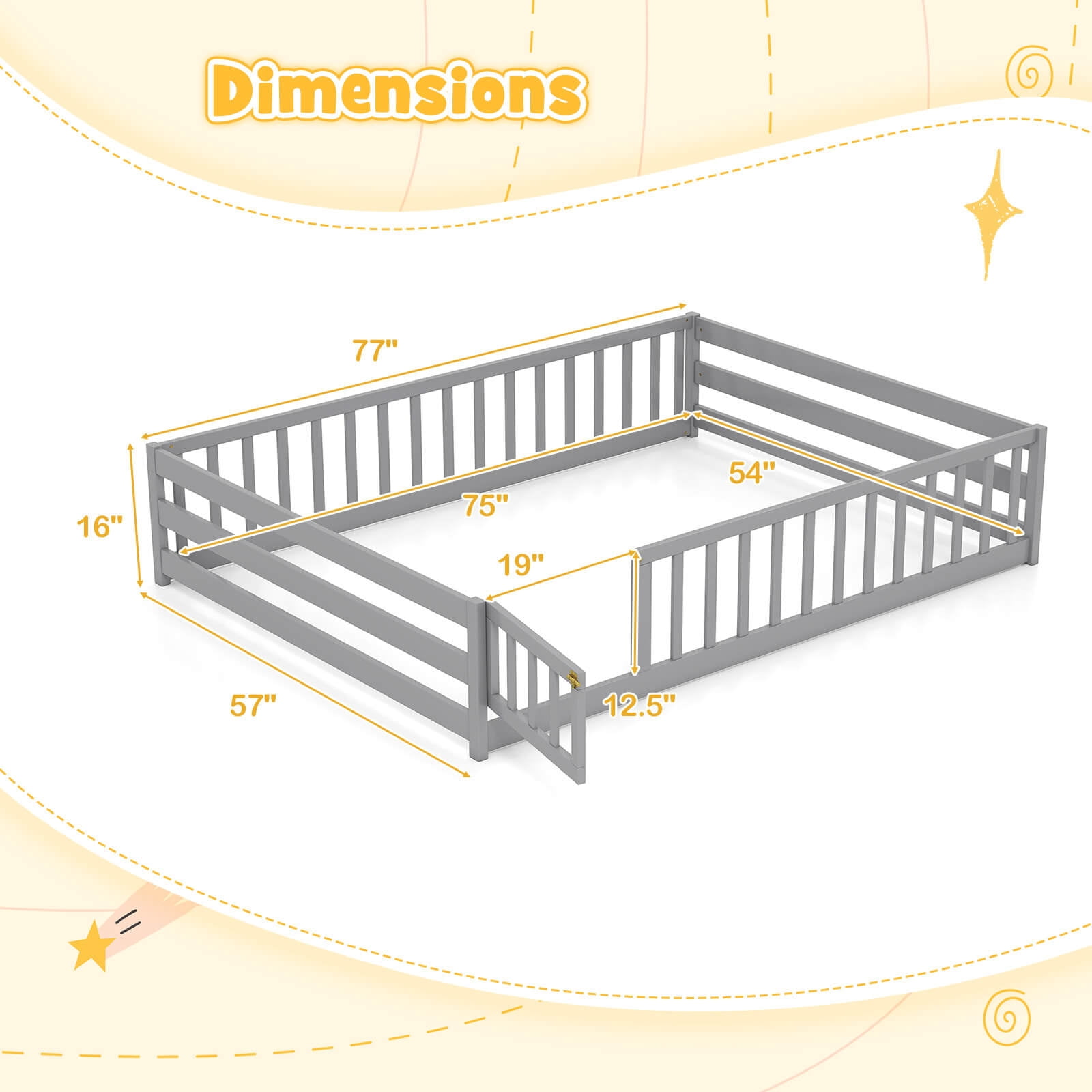 Costway Full Size Floor Bed with Full Length Safety Guardrails & Door for Boys, Girls Gray