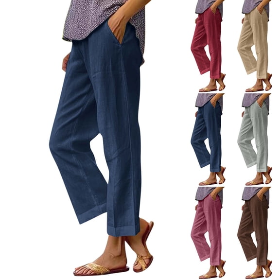 Resicozy Linen Pants Women Summer Breathable Comfy Cropped Wide Leg Pant Elastic Waist Trousers Beach Vacation Pant with Pockets Light Gray 3XL